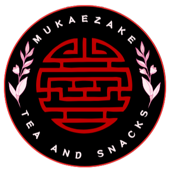 Mukaezake Tea and Snacks logo, reminiscent of a chinese restaurant with a decorative geometric design in the center in red, reminiscent of a chinese letter or japanese kanji.